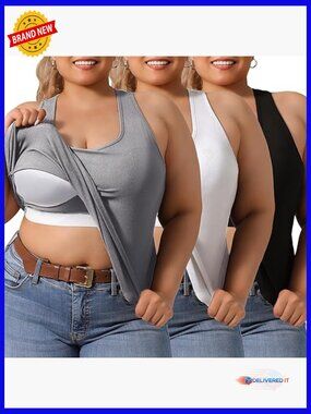 Plus Size Ribbed Tank Tops with Built-in Bra, 3-Pack Racerback Camis